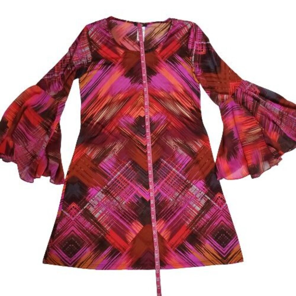 MSK Women's Pink Red Orange Print Sheer Bell Sleeve Cocktail Dress Size Medium - Picture 10 of 11